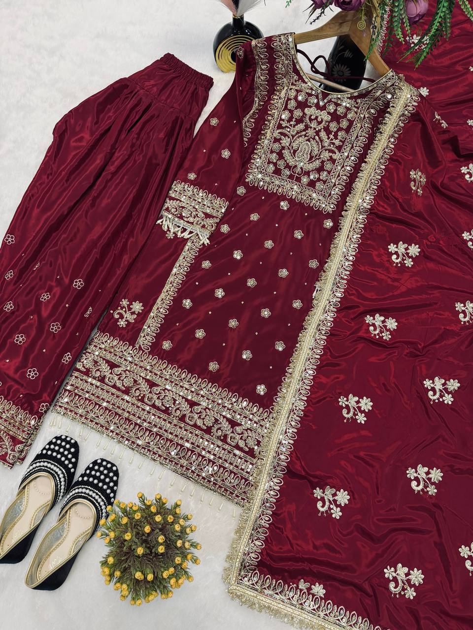Deep Crimson Pearl-Trimmed Suit